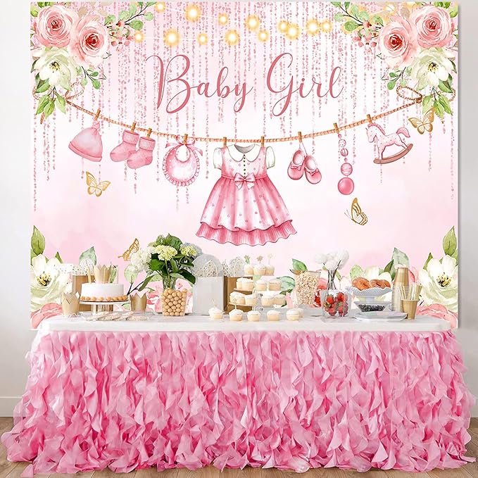 Pink Floral Baby Girl Baby Shower Backdrop Decorations,Cute Clothes Its a Girl Banner Back drops Rose Gold Flower Photography Background for Baby Shower Party Supplies Photo Booth Props 10x7ft