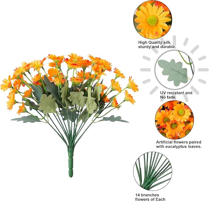 Daisy Artificial Flowers for Outdoors Spring Decoration, 6 Bundles Fake Mums Silk Flowers for Outside Look Real UV Resistant Fake Plants Faux Flowers for Planter Front Door Home Yard Indoor Porch, Mix