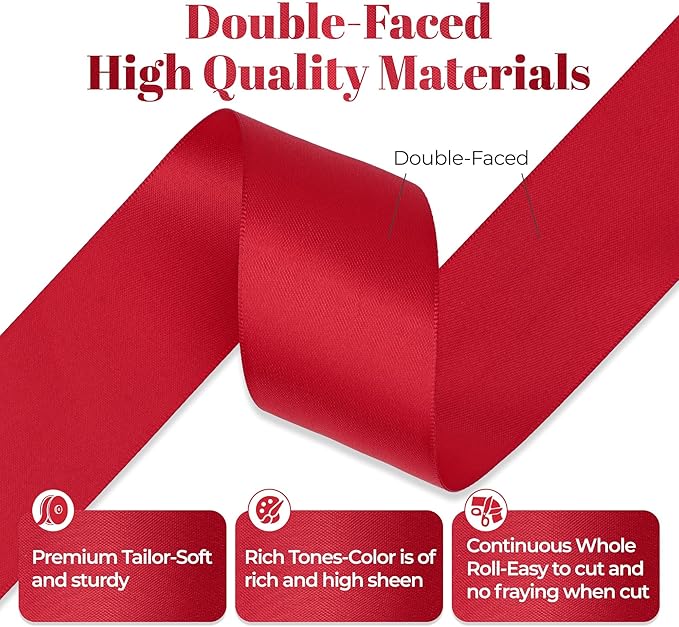 Red Satin Ribbon, Double Faced 1-1/2 Inch X 50 Yards Red Ribbon, Premium Satin Ribbon for Gift Wrapping, Crafts, Hair Bow Making, Sewing, Flower Bouquet, Wedding Party Decor