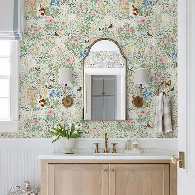 Heroad Floral Peel and Stick Wallpaper Light Green Wallpaper Boho French Country Contact Paper Cat Birds Removable Self-Adhesive Wall Paper for Bedroom Kitchen Cabinets Decoration Vinyl 17.3”x393”