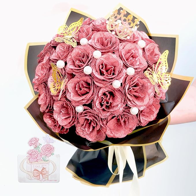 Glitter Roses Bouquet, Shiny Artificial Roses Flowers with Stems DIY Fake Glitter Flowers Bouquet for Valentine's Day, Mother's Day, Anniversary, Graduation, Birthday, Wedding, 36 Roses (Rose Gold)