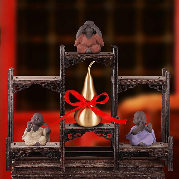 Feng Shui Decor - Brass Wu Lou Gourd with Red Luck Strip for Ideal Home Decoration,Table,Bookshelf,5inch Tall,Full Brass,Fortune Protection,Hu Lu Bring Good Luck,Healthy,Success