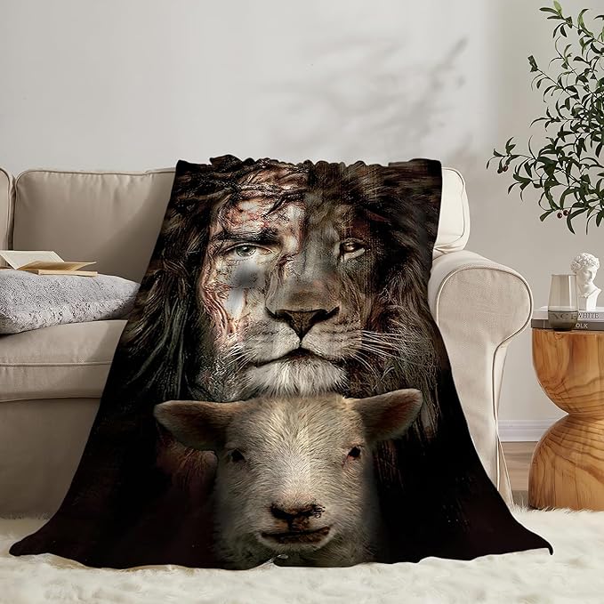 Christian Jesus Lion & Lamb Throw Blanket - Soft, Warm, Cozy Fleece for Men, Women, Adults - 50"x40"