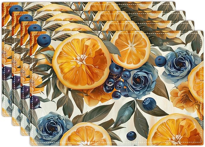 Orange Placemats Set of 4 Fruit Blueberry Rose Leaf Table Mats Washable Place Mats for Home Party Indoor Kitchen Dining Table Decoration 12x18 Inch