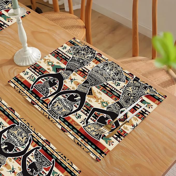 Southwestern Placemats Set of 4, African Woman Place Mats, Rustic Dancing Women with Pot on The Head Dining Table Mats, Washable Placemats for Kitchen Dining Room 18L'' × 12W''