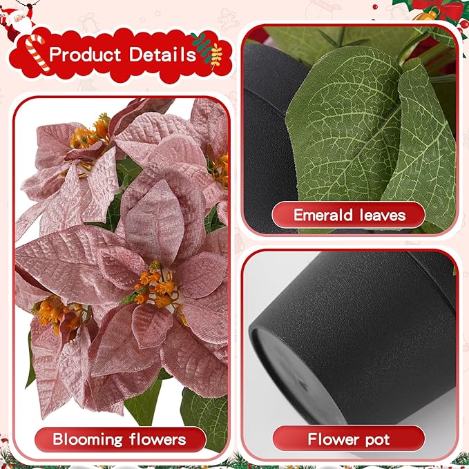 Poinsettias Flowers Artificial 2 Pack Pink Faux Christmas Poinsettia Plant Small 11 Inch Winter Flowers for Home Office Table Decorations Indoor Xmas Ornament