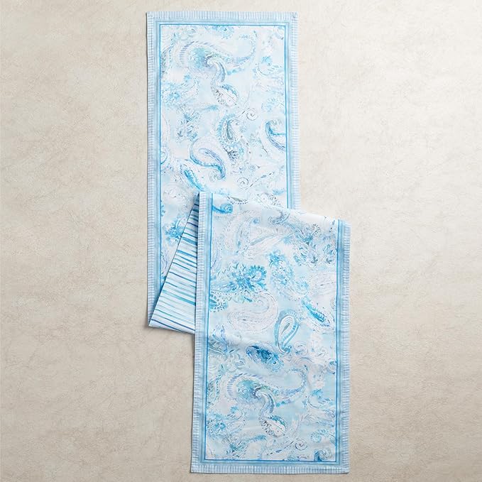 Maison d' Hermine Table Runners 100% Combed Cotton 14.50 Inch x 72 Inch Premium Tablerunner, Decorative Table Runner, Buffet Parties & Camping, Paisley Blues (Double Layer)