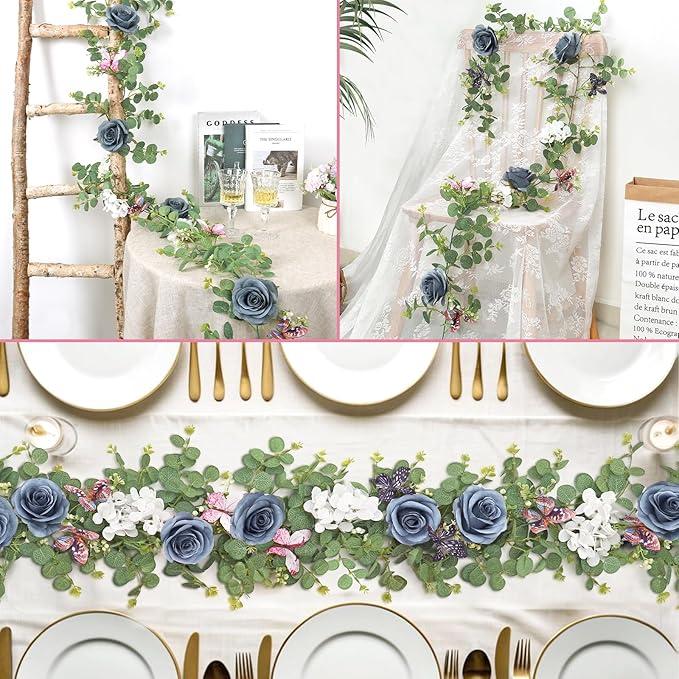 2Pcs 5.9 Ft Artificial Rose Vine Fake Flower Garland Blue Rose Hydrangea Vines with 3D Butterflies Hanging Floral Eucalyptus Garland for Wedding Party Background Arch Table Wall Home Decor