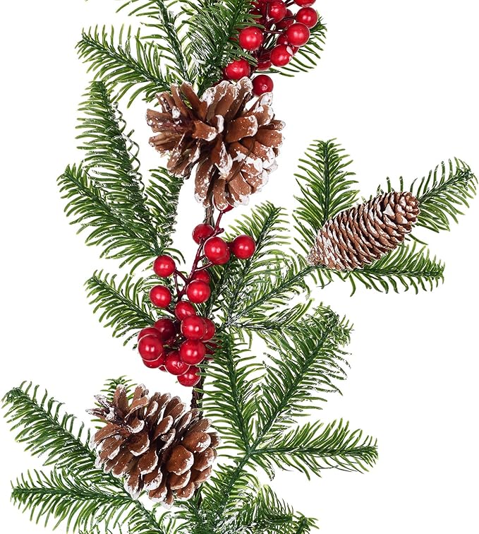 DearHouse 6FT Artificial Christmas Pine Garland with Red Berry Branch Pine Cone Winter Greenery Garland for Holiday Season Mantel Fireplace Table Runner Centerpiece Décor