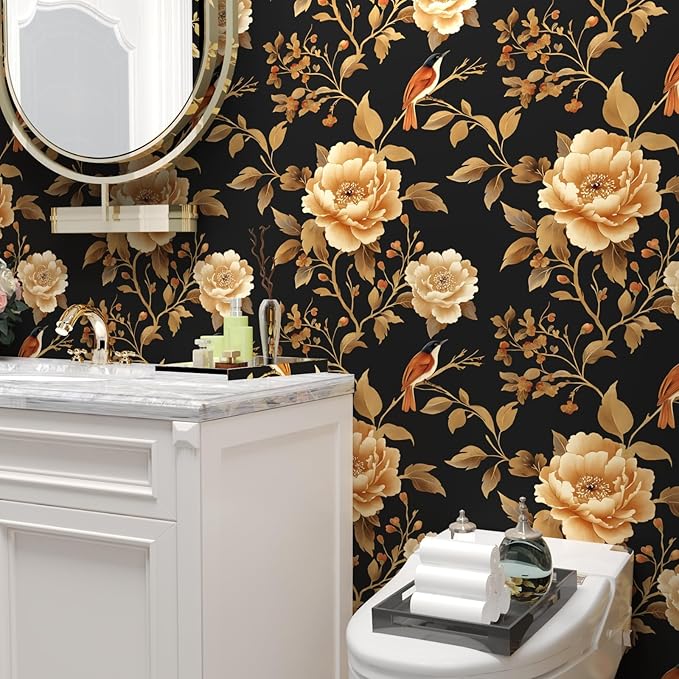 Vintage Floral Bird Wallpaper Peel and Stick Boho Wallpaper 17.5in x118in Black/Golden Floral Wall Mural Waterproof Self-Adhesive Modern Wall Paper for Bedroom Kitchen Cabinet Drawer Decor