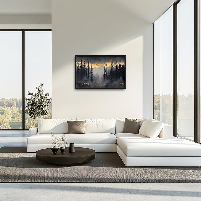 Misty Forests Large Decor Framed Wall Art Gold and Black Pictures for Living Room, Foggy Forest Landscape Oversized Canvas Print Painting Modern Extra Large Framed Artwork for Bedroom Office 36"x24"