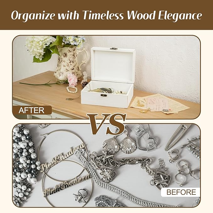 Small Decorative Box with Hinged Lid Wooden Handmade Keepsake Storage Box Floral Printed Jewelry Box Rustic Trinket Box - 7.9 x 6.5 x 3.4 Inches