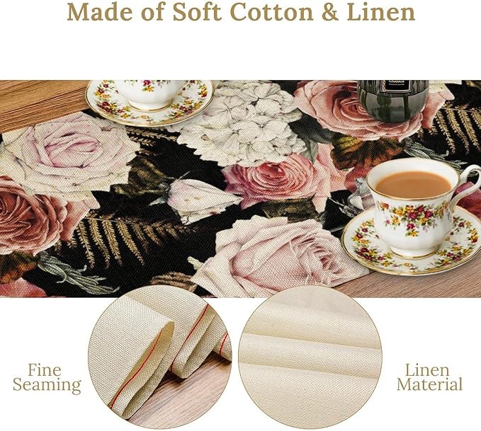 Gothic Flower Table Runner, Vintage Peony Rose Rustic Farmhouse Natural Spring Black Floral Leaves Table Runner for Home Indoor Outdoor Party Wedding Decor, 13x90inch