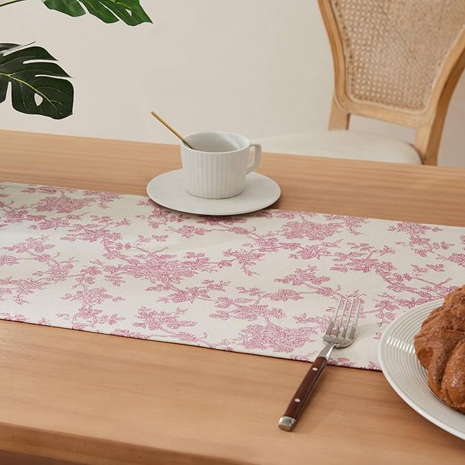 100% Cotton French Pastoral Table Runners, 13x36 Inch Pink Farmhouse Table Runners 36 Inches Long, Vintage Flowers Print Home Decors