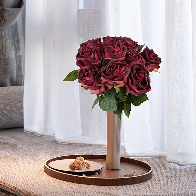 IPOPU Burgundy Roses Artificial Flowers 12PCS Roses Flowers Heads Dried Silk Flowers Burgundy Flowers Artificial for Decorations with Single Stems for Floral Arrangements Wedding Flower