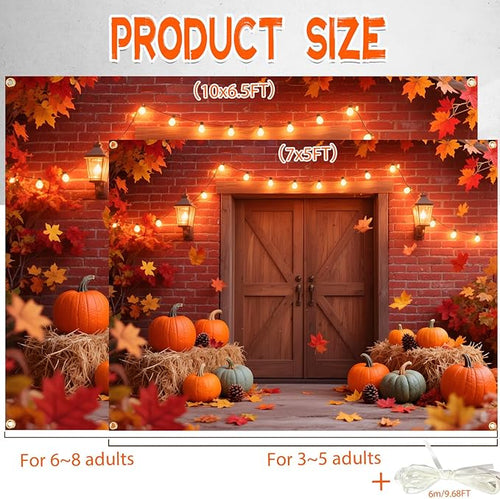 10x6.5FT Extra Large Fall Autumn Backdrop - Fall Photography Background with Pumpkins, Maple Leaves & Barn Wood (19.68FT Ribbon) - Thanksgiving, Friendsgiving, Harvest Party Decor, Photo Booth Props