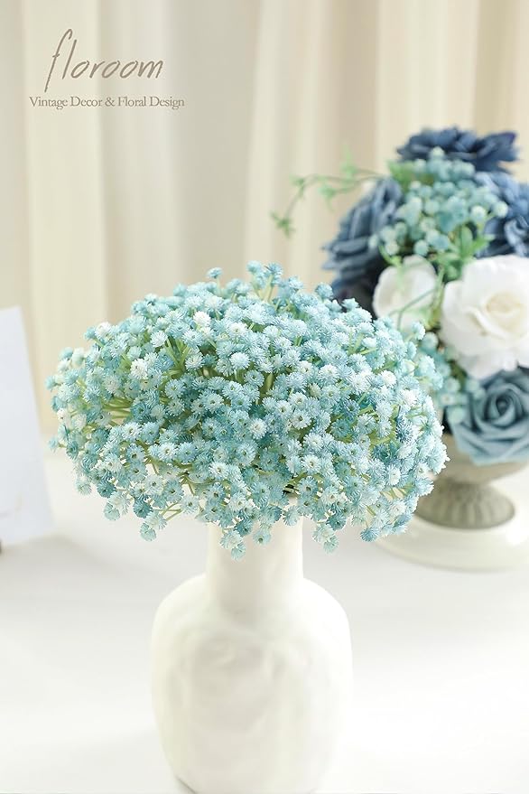 Floroom 18pcs Artificial Babys Breath Gypsophila Greenery Sprays, Real Touch Dusty Blue Fake Flowers for Wedding Bouquets Centerpieces Floral Arrangements and Decorations