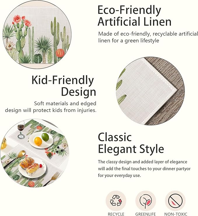 Placemats,Cactus Succulent Greenery Flower Placemats 12x18 Inch Waterproof Non-Slip Washable Table Mats for Kitchen Dining Party Table Decor,Set of 6