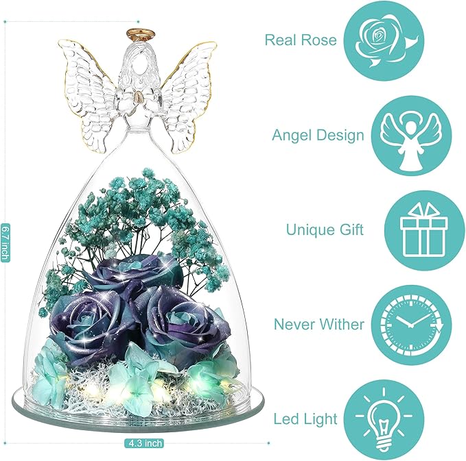 Christmas Rose Gifts for Women Preserved Real Flower in Glass Angel Figurines Roses for Delivery Prime Birthday Gifts for Mom Grandma Girlfriend Wife Her, GlitterPurpleAquablue