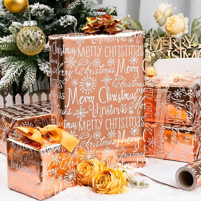 MAYPLUSS Foil Christmas Wrapping Paper - 17 Inch X 33 Feet - Girly Rose Gold MERRY CHRISTMAS Script and Snowflake Girl Winter Gift Wrap Present Paper Roll for Christmas, Holiday, Festive Decoration