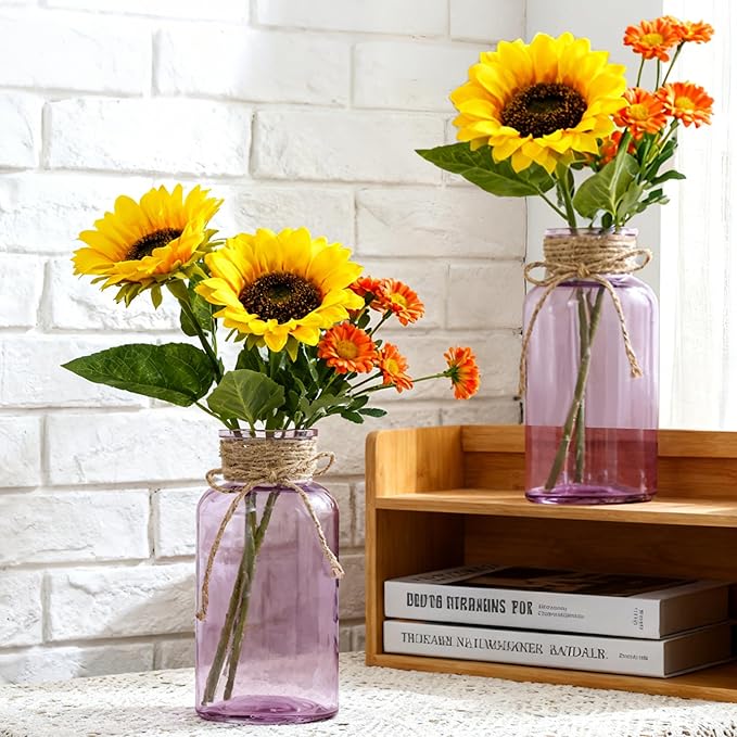 Vintage Glass Flower Vase，3 Pack Farmhouse Purple Glass Centerpiece Vases Mason Jars for Weddings, Parties & Home Decor Bulk (3, Purple)