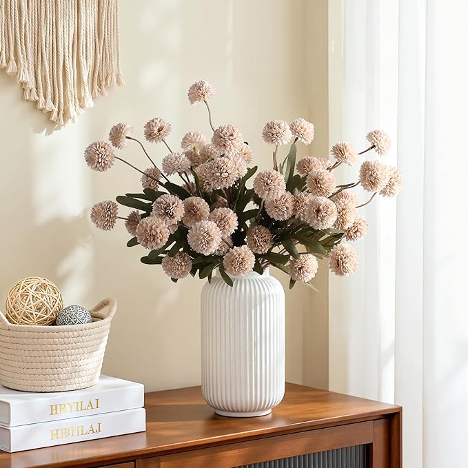 HyeFlora Fake Kiku Flowers,Faux Silk Pompon Mums 40heads Artificial Flowers,Chrysanthemum Stems Floral Arrangement Dried Flowers Vintage Decorative Indoor Home Vase Decor Beige