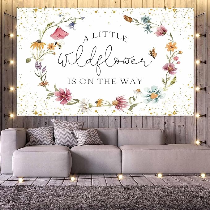 Wildflower Baby Shower Backdrop for Girl Watercolor Wild Floral Butterfly Photography Background Garden Wildflower Baby Shower Cake Table Banner Photoshoot Props (6x3.6ft)