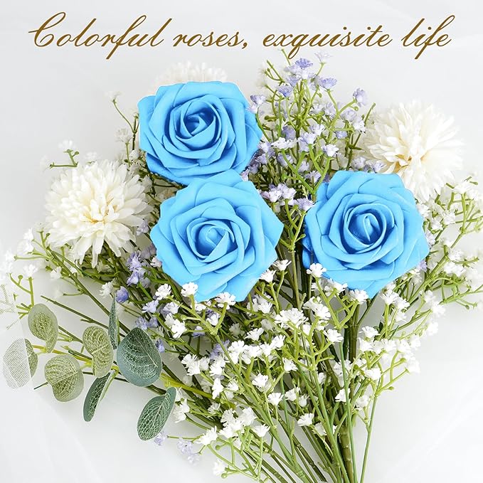 BLEUM CADE 16Pcs Artificial Flowers Fake Roses with Stems, Sky Blue Boxed Foam Roses for DIY Bouquets Centerpieces Wedding Party Arrangement Bridal Shower Decor