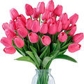 Sggvecsy 15 Pcs Fake Tulips Artificial Flowers Real Touch PU Faux Flowers Tulip Stems for Wedding Spring Bouquet Floral Arrangement Home Party Office Decorations for Mother's Day (Dark Pink)
