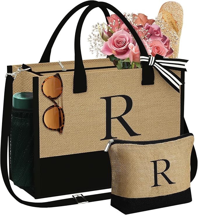 YOOLIFE Christmas Gifts for Women - Initial Jute Tote Bag & Makeup Bag, Birthday Gifts for Women Mom Wife Teacher Friend