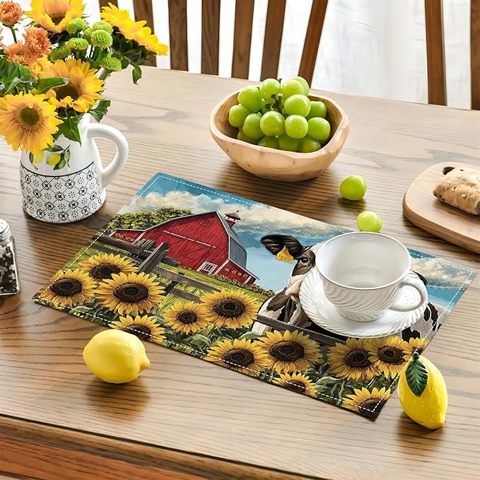 Farmhouse Sunflowers Cow Placemats Set of 6, Country Barn Place Mats, Rustic Flowers Cow Dining Table Mats, Washable Placemats for Kitchen Dining Room Home Decor 18L'' × 12W''