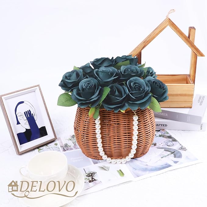 52pcs Emerald Green Roses Artificial Flowers Fake Flowers Silk Roses with Stems for DIY Wedding Bouquets Bridal Shower Centerpieces Arrangements Party Decorations