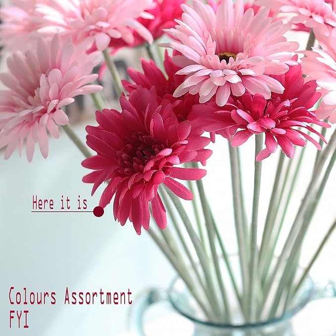 12pcs Artificial Gerbera Daisies,22 Inch Long Stem Silk Daisy Flowers,Realistic Artificial Flower Mums for Home Décor Centerpiece Wreath Supplies Wedding Bouquet,Dark Pink