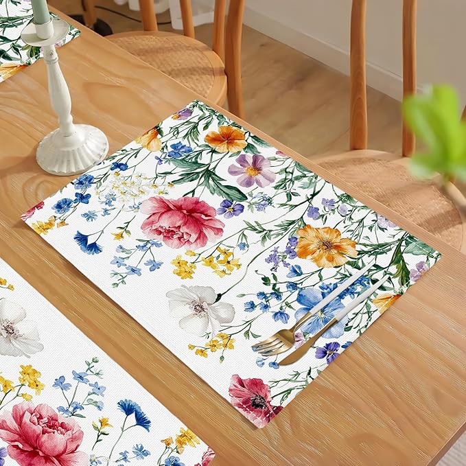 Poppy Floral Placemats Set of 4, Watercolor Wildflower Place Mats, Leaves Spring Dining Table Mats, Washable Flower Placemats for Kitchen Dining Room Home Decor 18L'' × 12W''