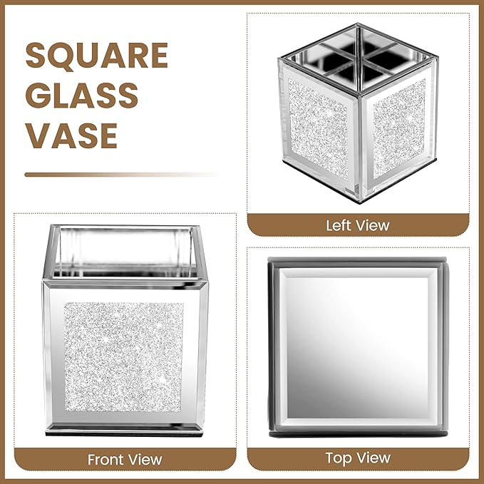 Set of 6 Bling Mirrored Square Glass Vases, 4 x 4 x 4 inches, Silver Flower Vases for Centerpieces Cube Vase Candle Holder for Wedding, Party, Home Office Decoration