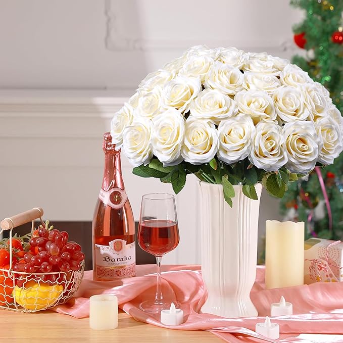 Artificial Rose Flower Ivory Flowers Ivory Roses White Roses Silk Flowers 50 pcs with Long Stem Silk Roses Bouquet for Wedding Bridal Shower Party Home Decoration