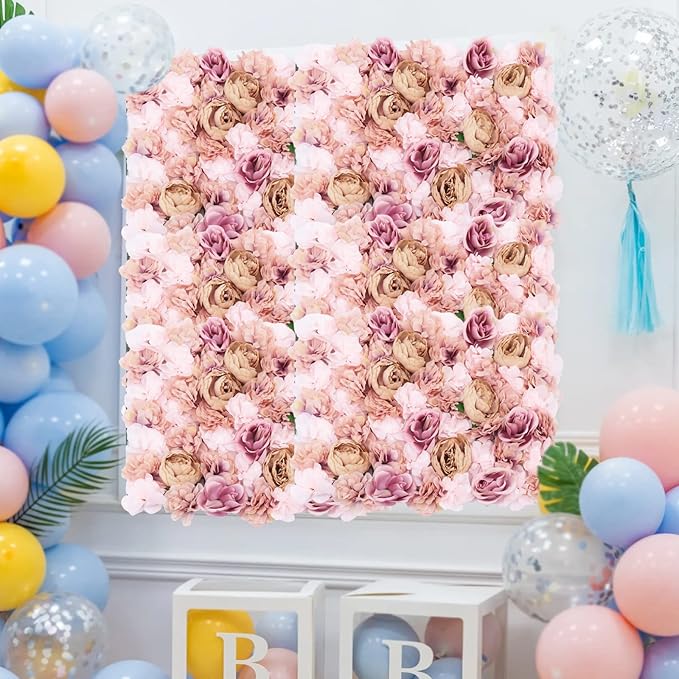 Flower Wall Panels 3D Flower Wall Backdrop, 6Pcs Artificial Flower Wall Panel Silk Rose Floral Decorative Faux Flower Wall Background for Wedding Home Decoration (Autumn Pink, 23.6*15.7in)