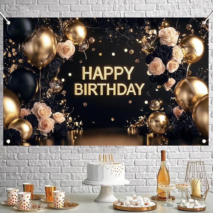 Black Gold Happy Birthday Backdrop Banner Elegant Rose Floral Balloon Photography Background Luxury Birthday Party Decoration Banner Photo Booth Props 71x43 Inch