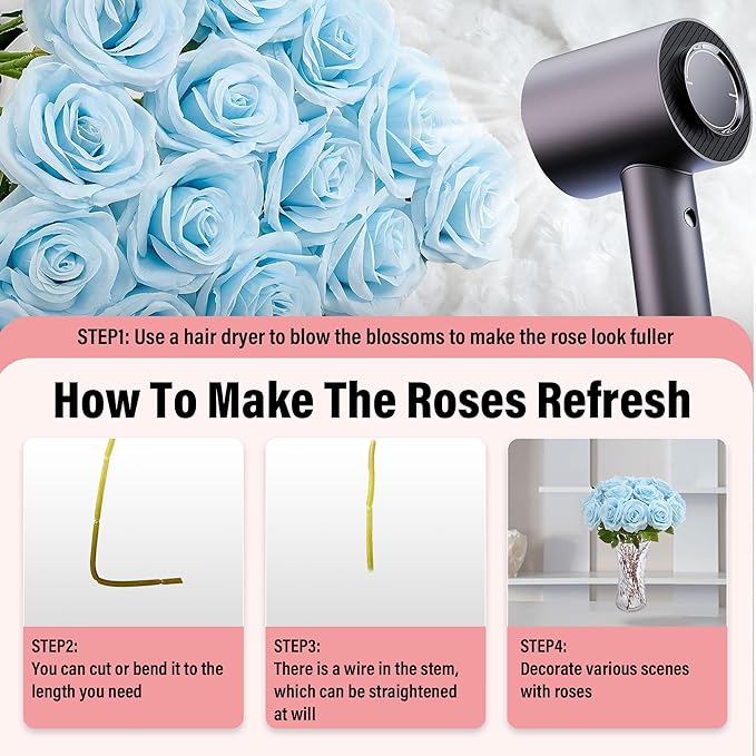 50PCS Artificial Roses with Long Stems - Realistic Silk Flowers, Fake Roses Real Touch Bouquet of Roses for Home Decor, Bridal Wedding Party Table Centerpieces, Bulk Faux Rose Flowers ( Sky Blue )