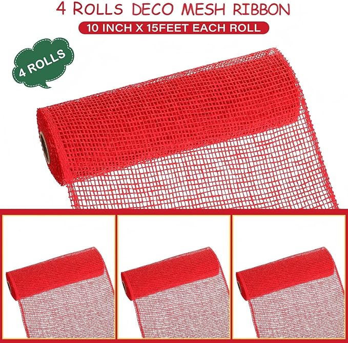 Chuangdi 4 Rolls Poly Burlap Mesh Poly Burlap Deco Ribbon Mesh Roll for Christmas Spring Summer Easter 4th of July DIY Flower Wreath Garland, 10 Inch(Red)