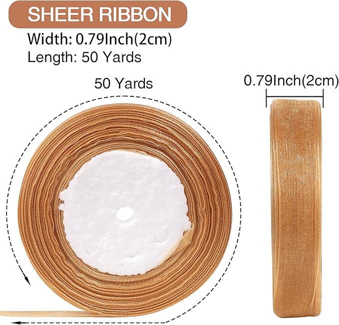 3/4 Inch x 50 Yards Sheer Organza Ribbon Chiffon Ribbon for Gift Wedding Flower Bouquet Wrapping Decorations Crafts (Gold)