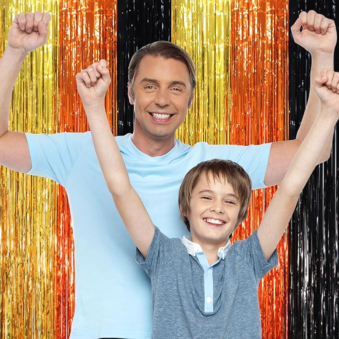 3 Pack 3.3 x 8.2 ft Black Gold Orange Foil Fringe Backdrop Curtains, Tinsel Streamers Party Decorations, Fringe Backdrop, Door Shimmer for Construction or Birthday Party