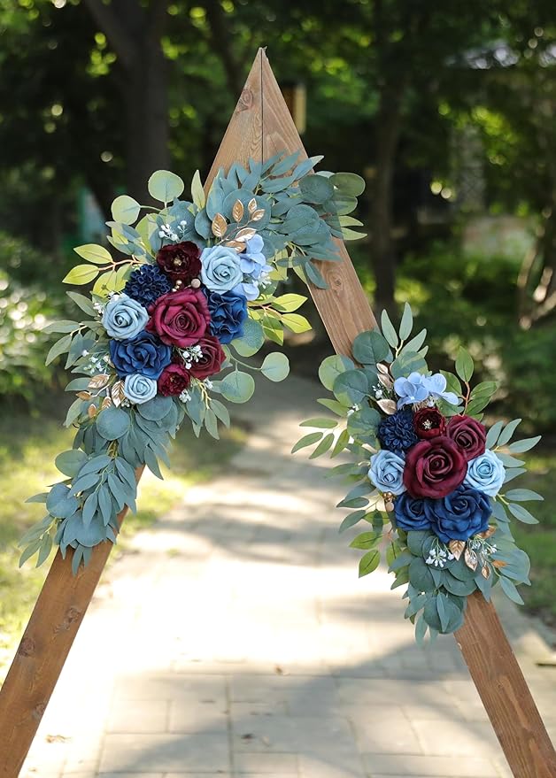 Artificial Navy Blue and Burgundy Wedding Arch Flower Swags Set of 2 for Welcome Signs, Reception and Ceremony Decorations - Navy Blue Floral Decor
