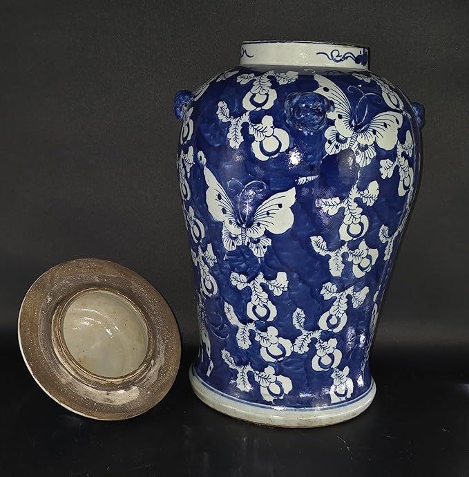 19" Antique Like Finish Blue and White Ginger Jars Porcelain Temple Ceramic Ginger Jar Vase, Blue Butterfly China Ming Style, Jingdezhen(L1)