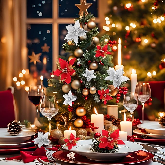 Boao 24 Pieces Christmas Artificial Glitter Poinsettia Flowers Xmas Flowers Wedding Christmas Tree New Year Ornaments(Red and Silver)