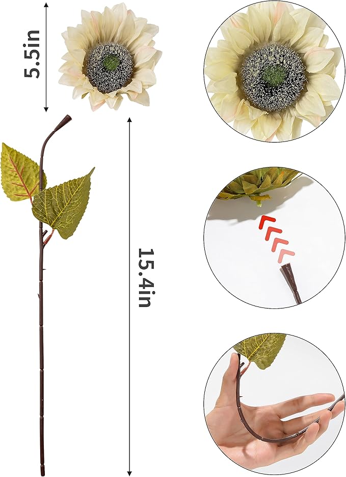 DuHouse 12pcs Artificial Sunflowers with Long Stems 5.5" Silk Sunflowers Bulk for Wedding Home Garden Outdoor Party Decoration(Beige)