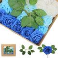 Artificial Flowers 50Pcs Blue and White Roses Real Looking Foam Fake Roses with Leaves for DIY Wedding Bouquets Bridal Shower Party Decorations (Blue Series, 50)
