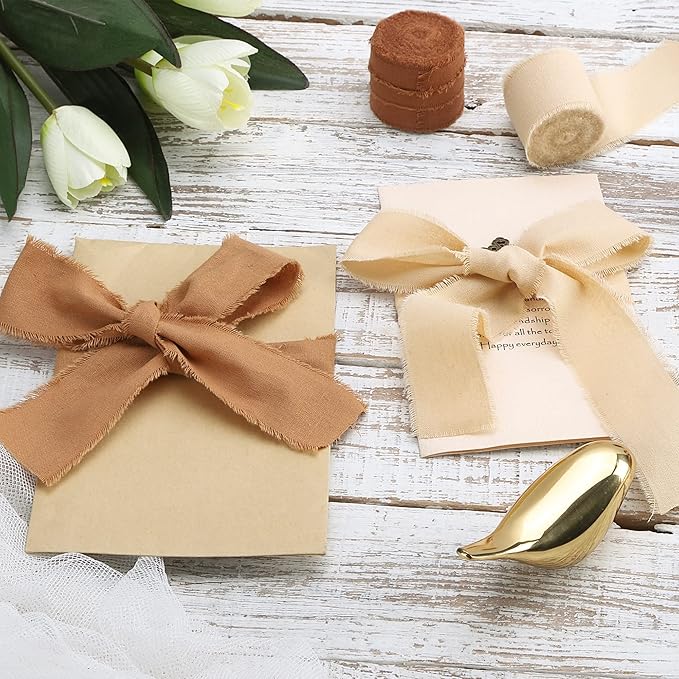 Fall Ribbon Brown 1-1/2 x 15 Yards Handmade Cotton Frayed Fringe Fabric Ribbons for Crafts Flower Bouquets Wedding Baby Shower Home DIY Decor