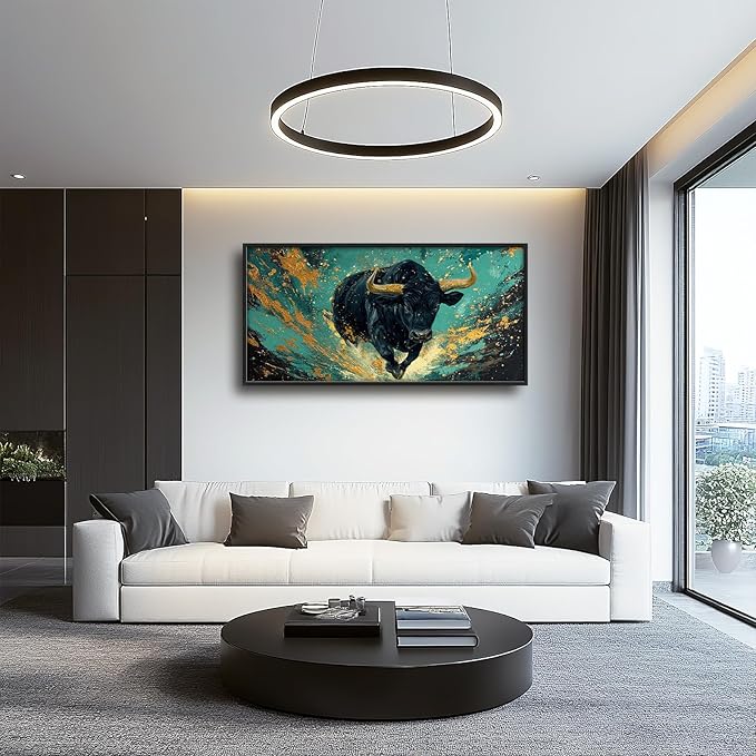 Large Highland Cow Wall Art for Living Room, Framed Oversized Bison Buffalo Wall Decor, Teal and Gold Canvas Painting Modern Artwork for Living Room Bedroom Office Dining Room 60"x30"