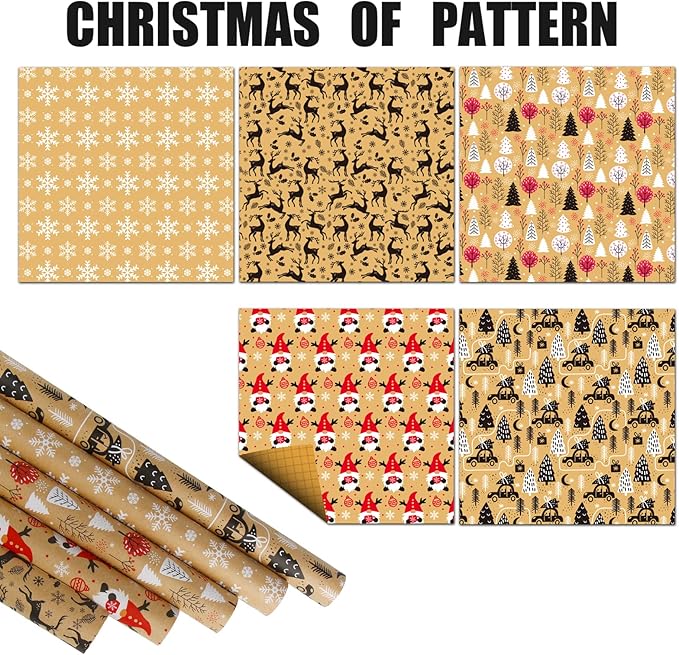 KIMOBER 5 Rolls Christmas Wrapping Paper,Brown Kraft Paper with Xmas Elements and Cut Lines on Reverse(17in × 118in Per Roll)